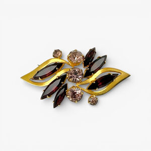 Vintage Plum Purple & Rose Rhinestone Brooch Gold Tone Leaf Spray 1950s Glam